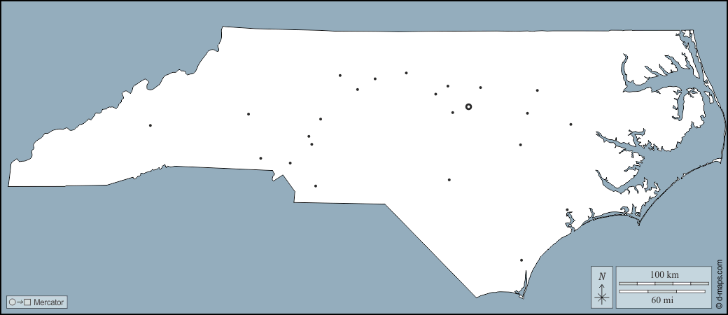 Carolina del Nord : d-maps.com: mappa gratuita, mappa muta gratuita, cartina muta gratuita : contorni, principali città
