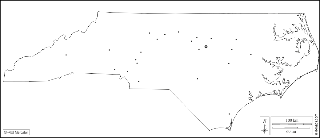 Carolina del Nord : d-maps.com: mappa gratuita, mappa muta gratuita, cartina muta gratuita : contorni, principali città, bianco