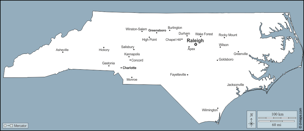 Carolina del Nord : d-maps.com: mappa gratuita, mappa muta gratuita, cartina muta gratuita : contorni, principali città, nomi