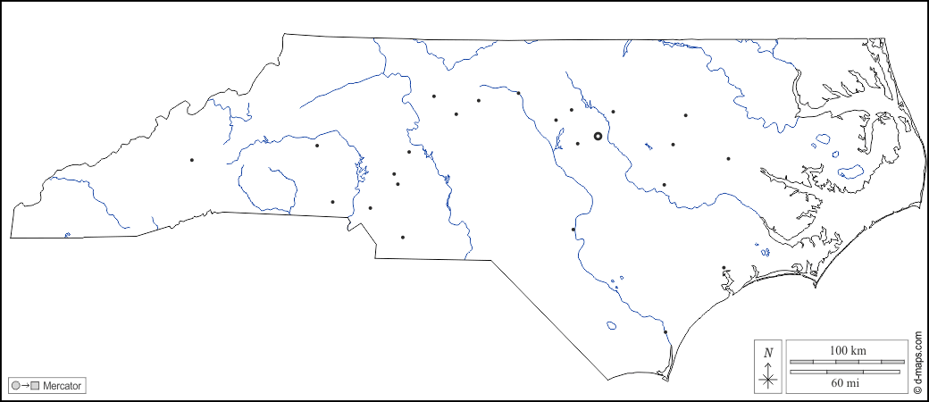 Carolina del Nord : d-maps.com: mappa gratuita, mappa muta gratuita, cartina muta gratuita : contorni, idrografia, principali città, bianco