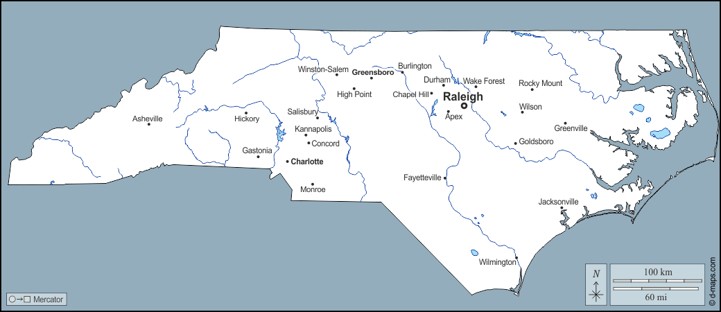 Carolina del Nord : d-maps.com: mappa gratuita, mappa muta gratuita, cartina muta gratuita : contorni, idrografia, principali città, nomi