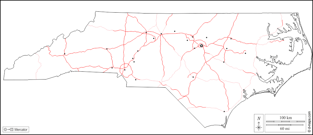 Carolina del Nord : d-maps.com: mappa gratuita, mappa muta gratuita, cartina muta gratuita : contorni, principali città, strade, bianco
