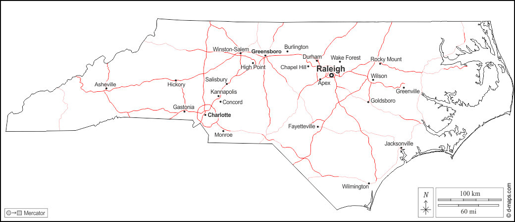 Carolina del Nord : d-maps.com: mappa gratuita, mappa muta gratuita, cartina muta gratuita : contorni, principali città, strade, nomi, bianco
