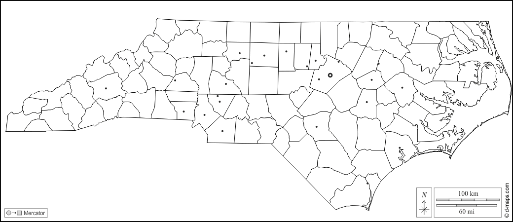 Carolina del Nord : d-maps.com: mappa gratuita, mappa muta gratuita, cartina muta gratuita : contorni, contee, principali città, bianco