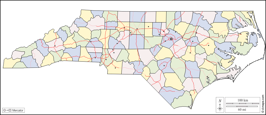 Carolina del Nord : d-maps.com: mappa gratuita, mappa muta gratuita, cartina muta gratuita : contorni, contee, principali città, strade, colore, bianco