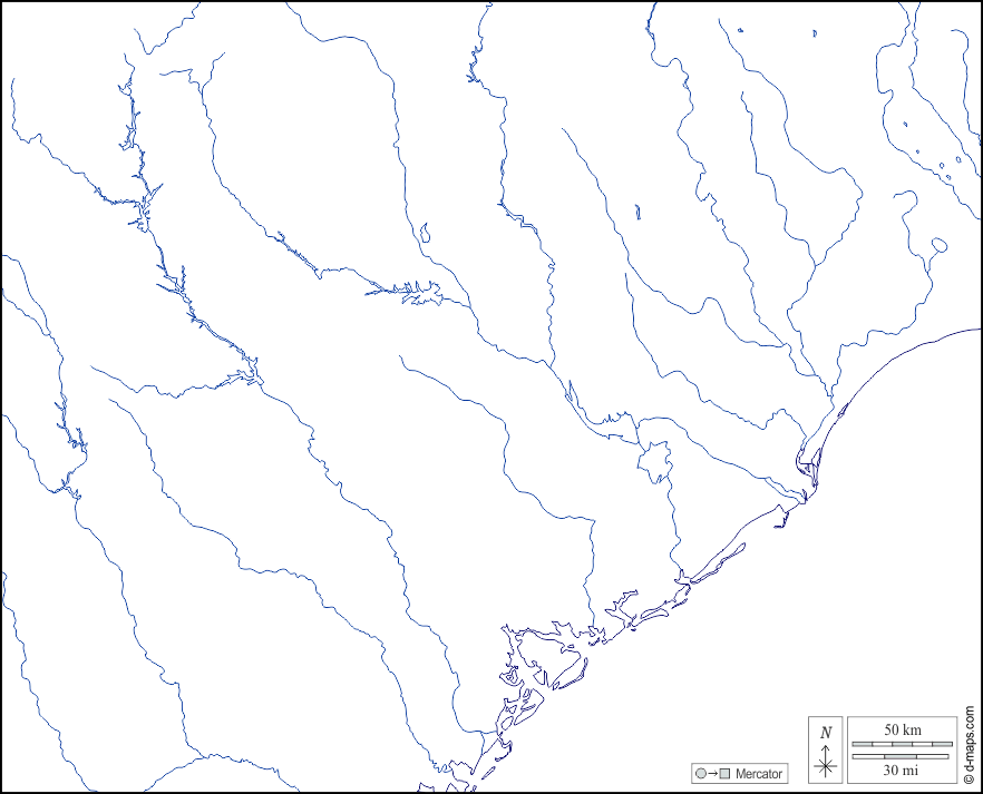 Carolina del Sud : d-maps.com: mappa gratuita, mappa muta gratuita, cartina muta gratuita : litorali, idrografia, bianco