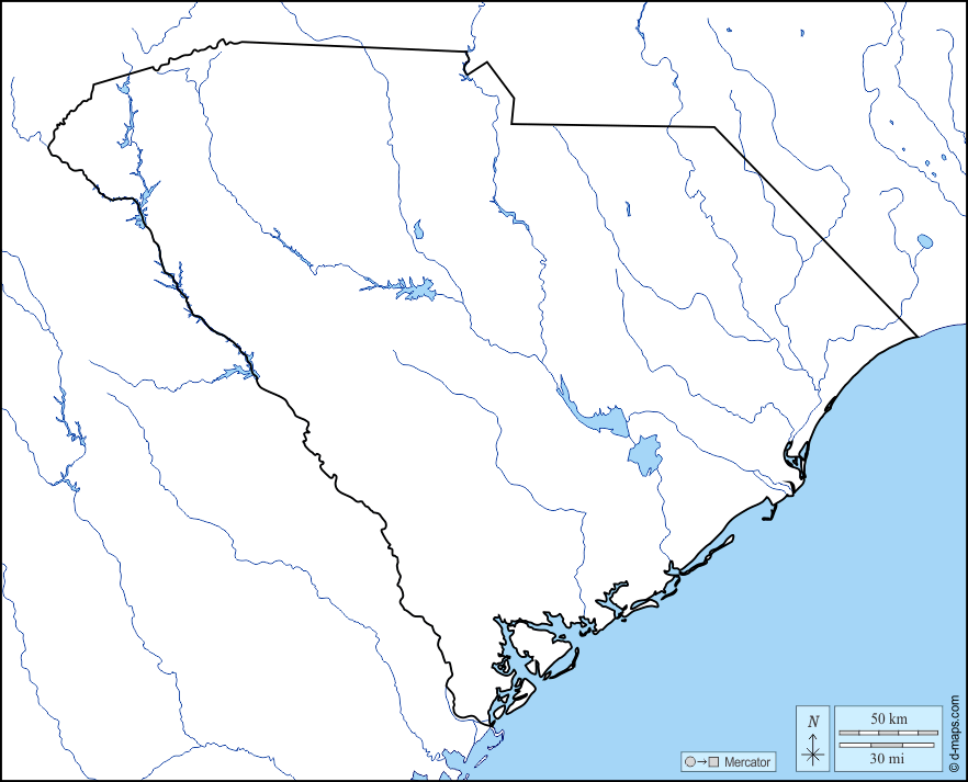 Carolina del Sud : d-maps.com: mappa gratuita, mappa muta gratuita, cartina muta gratuita : litorali, limiti, idrografia
