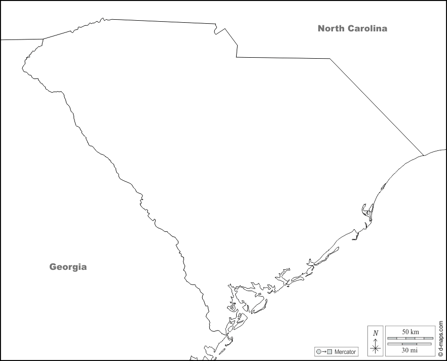 Carolina del Sud : d-maps.com: mappa gratuita, mappa muta gratuita, cartina muta gratuita : frontiere, nomi, bianco