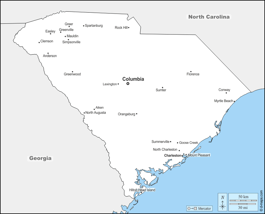 Carolina del Sud : d-maps.com: mappa gratuita, mappa muta gratuita, cartina muta gratuita : frontiere, principali città, nomi