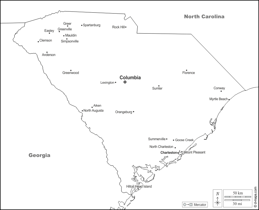 Carolina del Sud : d-maps.com: mappa gratuita, mappa muta gratuita, cartina muta gratuita : frontiere, principali città, nomi, bianco
