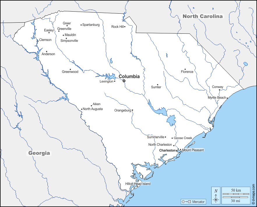 Carolina del Sud : d-maps.com: mappa gratuita, mappa muta gratuita, cartina muta gratuita : frontiere, idrografia, principali città, nomi