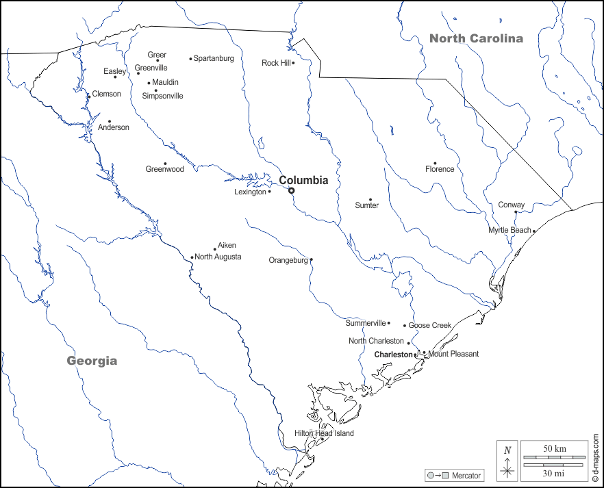Carolina del Sud : d-maps.com: mappa gratuita, mappa muta gratuita, cartina muta gratuita : frontiere, idrografia, principali città, nomi, bianco
