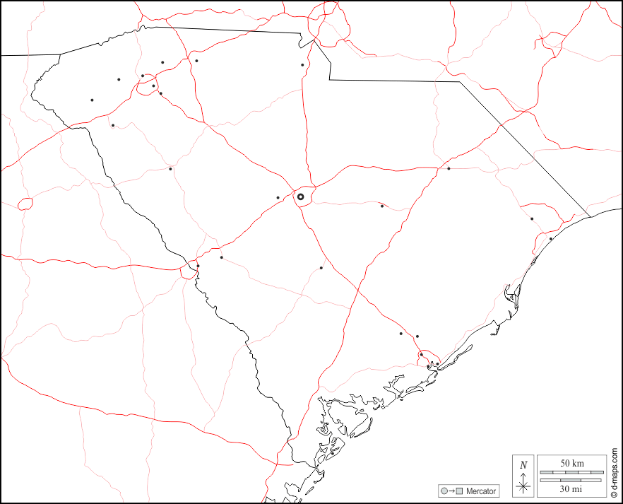 Carolina del Sud : d-maps.com: mappa gratuita, mappa muta gratuita, cartina muta gratuita : frontiere, principali città, strade, bianco