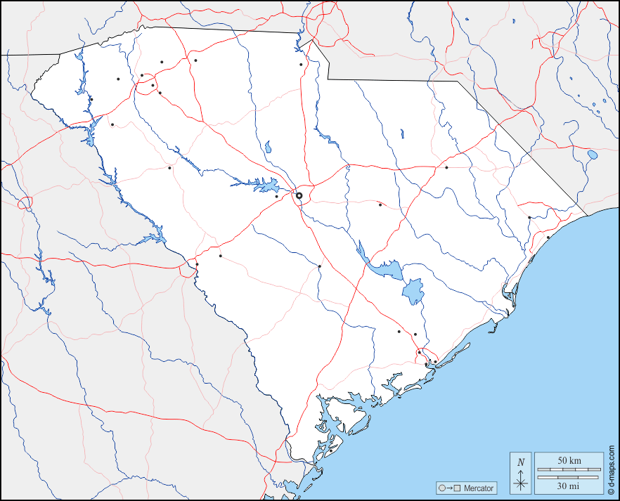 Carolina del Sud : d-maps.com: mappa gratuita, mappa muta gratuita, cartina muta gratuita : frontiere, idrografia, principali città, strade