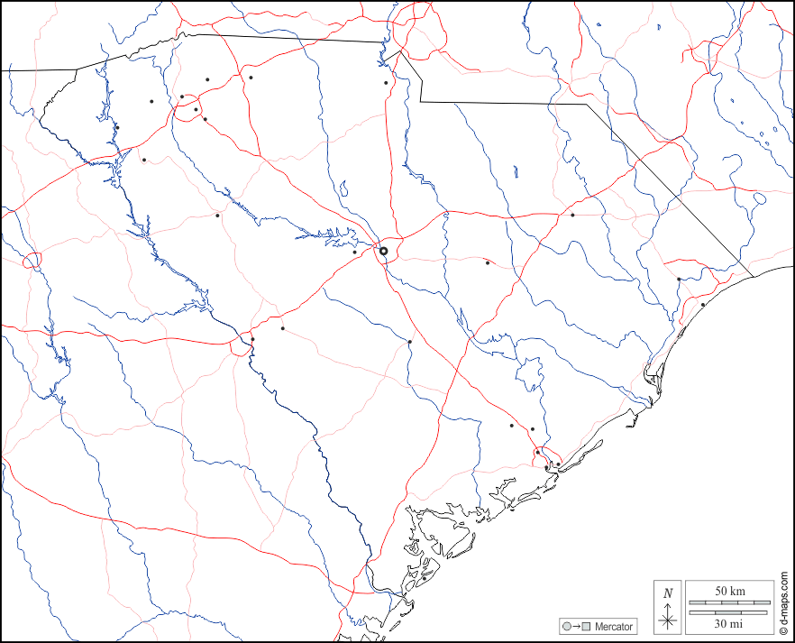 Carolina del Sud : d-maps.com: mappa gratuita, mappa muta gratuita, cartina muta gratuita : frontiere, idrografia, principali città, strade, bianco