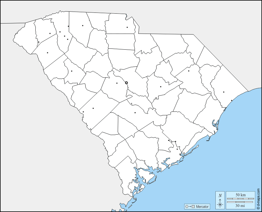 Carolina del Sud : d-maps.com: mappa gratuita, mappa muta gratuita, cartina muta gratuita : frontiere, contee, principali città