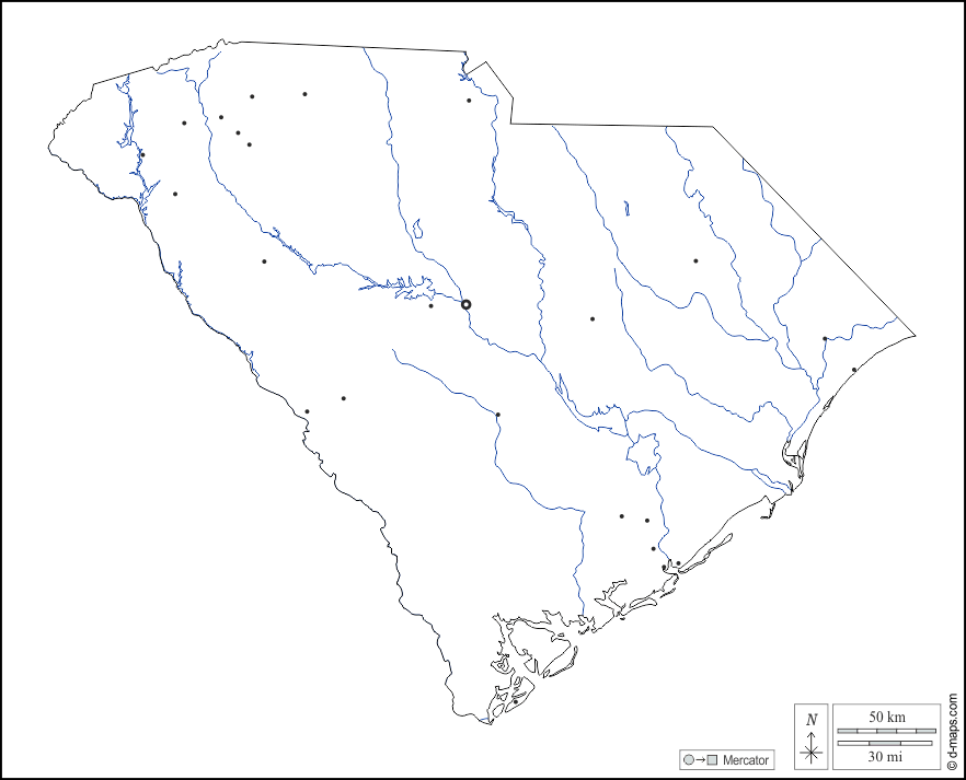 Carolina del Sud : d-maps.com: mappa gratuita, mappa muta gratuita, cartina muta gratuita : contorni, idrografia, principali città, bianco