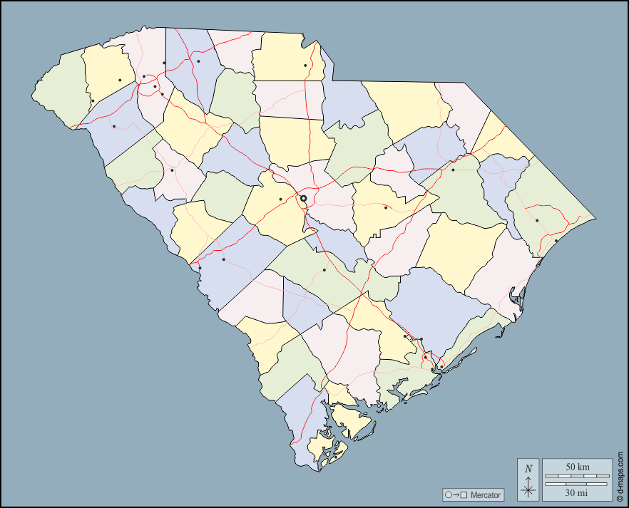 Carolina del Sud : d-maps.com: mappa gratuita, mappa muta gratuita, cartina muta gratuita : contorni, contee, principali città, strade, colore