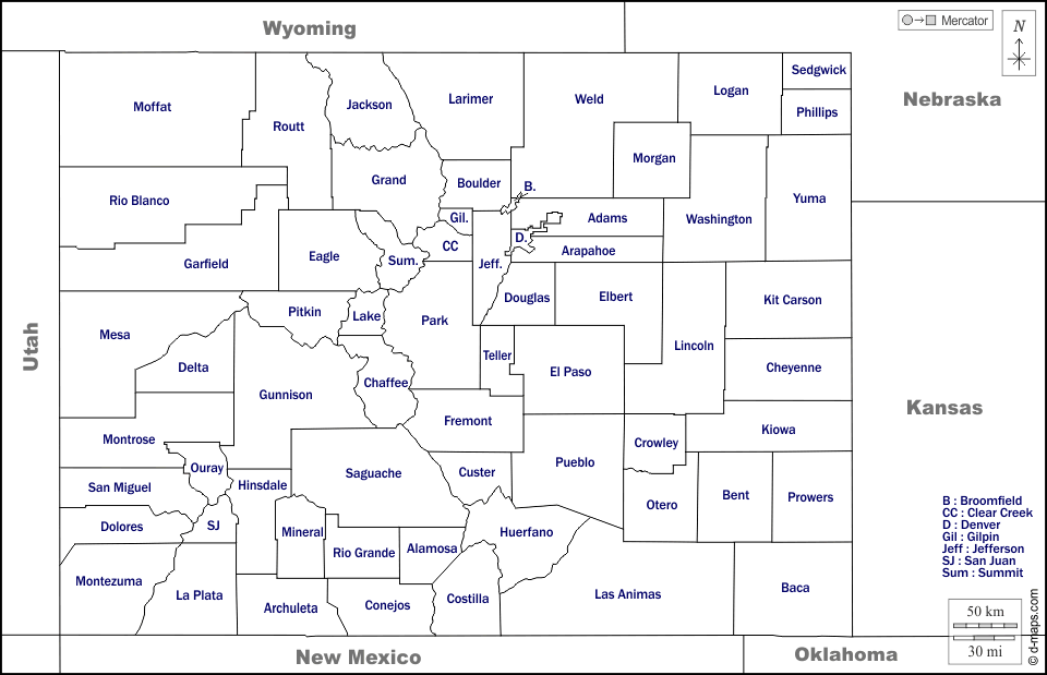 Colorado : d-maps.com: mappa gratuita, mappa muta gratuita, cartina muta gratuita : frontiere, contee, nomi, bianco