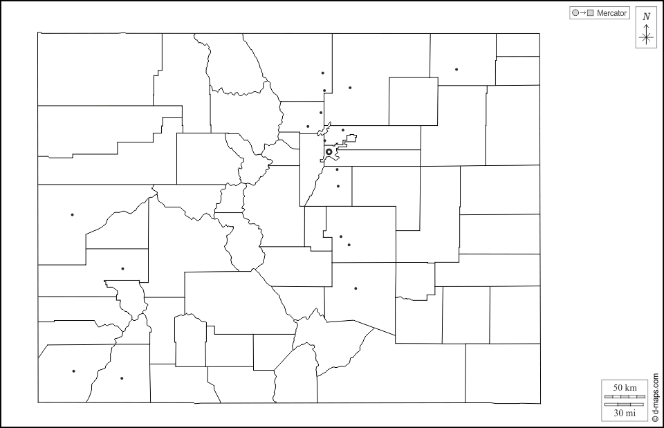 Colorado : d-maps.com: mappa gratuita, mappa muta gratuita, cartina muta gratuita : contorni, contee, principali città, bianco