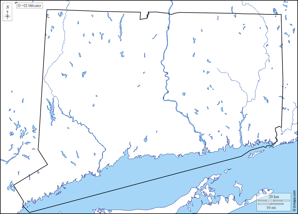 Connecticut : d-maps.com: mappa gratuita, mappa muta gratuita, cartina muta gratuita : litorali, limiti, idrografia
