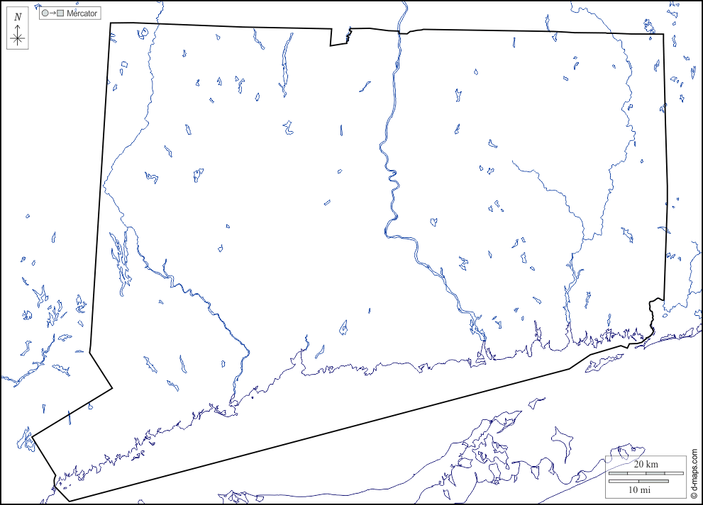 Connecticut : d-maps.com: mappa gratuita, mappa muta gratuita, cartina muta gratuita : litorali, limiti, idrografia, bianco