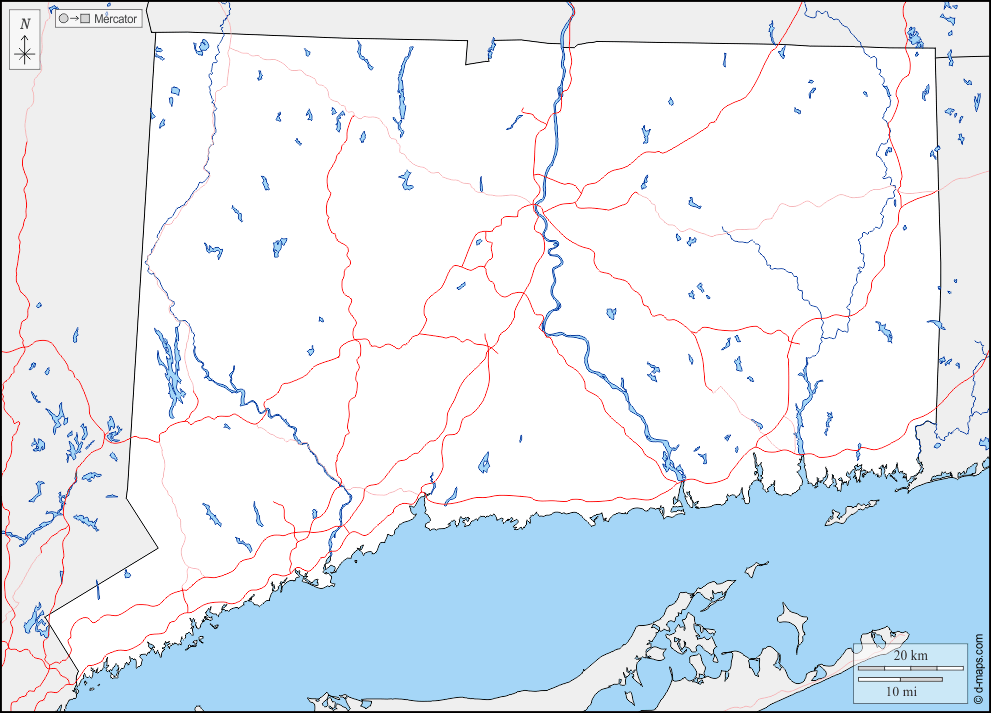 Connecticut : d-maps.com: mappa gratuita, mappa muta gratuita, cartina muta gratuita : frontiere, idrografia, strade