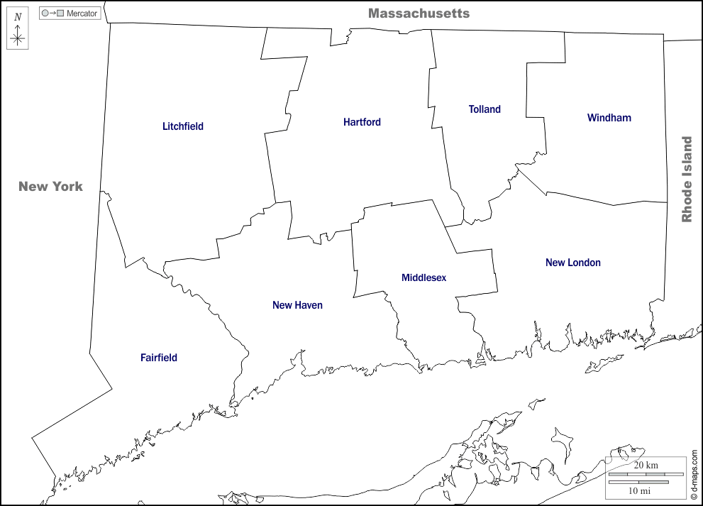 Connecticut : d-maps.com: Kostenlose Karten, kostenlose stumme Karte, kostenlose unausgefüllt Landkarte, kostenlose hochauflösende Umrisskarte : Grenzen, Landkreise, Namen, weiß