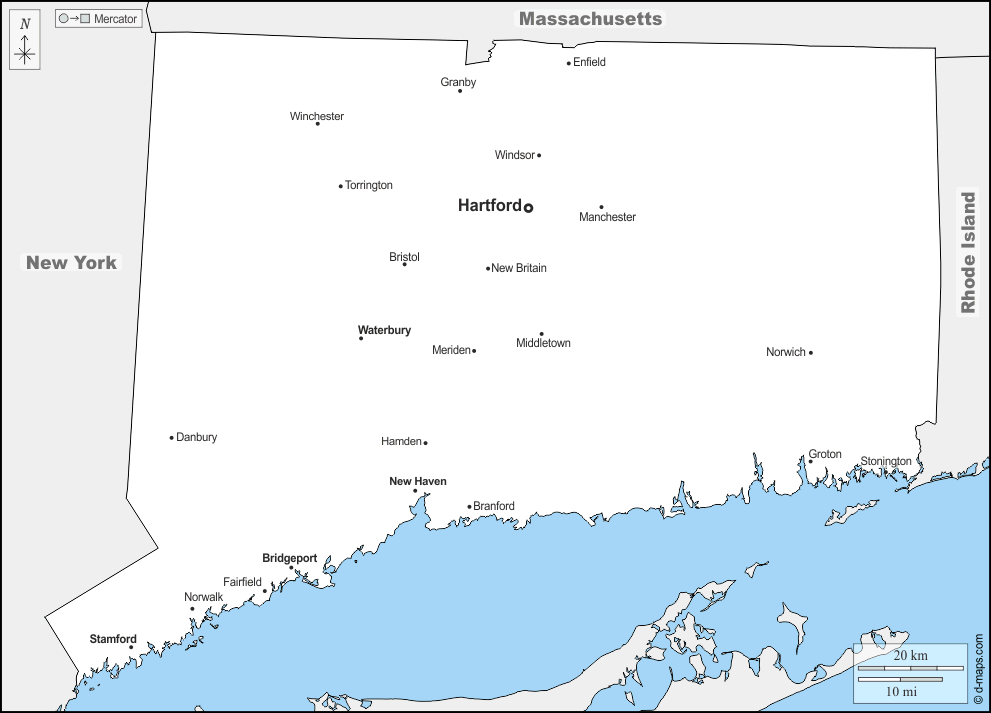 Connecticut : d-maps.com: Kostenlose Karten, kostenlose stumme Karte, kostenlose unausgefüllt Landkarte, kostenlose hochauflösende Umrisskarte : Grenzen, Wichtige Städte, Namen