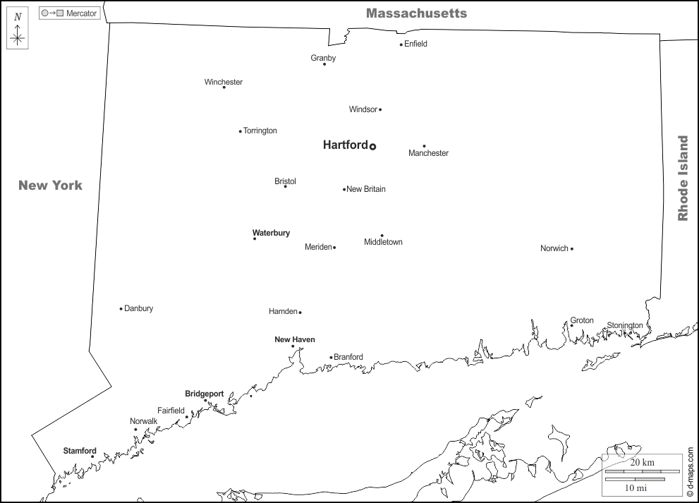 Connecticut : d-maps.com: mappa gratuita, mappa muta gratuita, cartina muta gratuita : frontiere, principali città, nomi, bianco