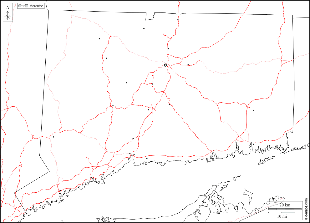 Connecticut : d-maps.com: mappa gratuita, mappa muta gratuita, cartina muta gratuita : frontiere, principali città, strade, bianco