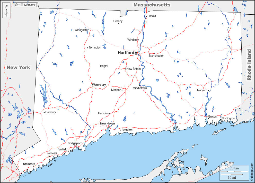 Connecticut : d-maps.com: mappa gratuita, mappa muta gratuita, cartina muta gratuita : frontiere, idrografia, principali città, strade, nomi