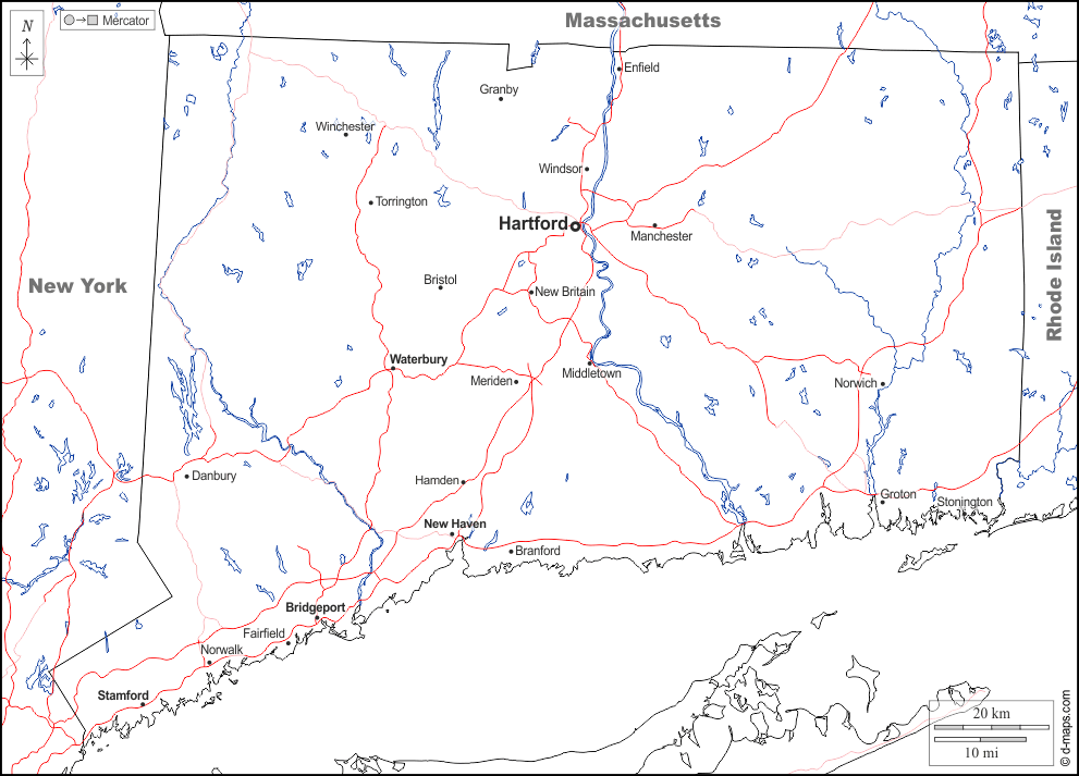Connecticut : d-maps.com: mappa gratuita, mappa muta gratuita, cartina muta gratuita : frontiere, idrografia, principali città, strade, nomi, bianco