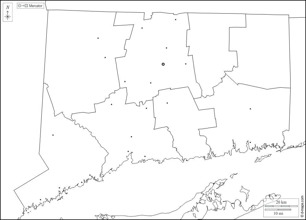 Connecticut : d-maps.com: mappa gratuita, mappa muta gratuita, cartina muta gratuita : frontiere, contee, principali città, bianco
