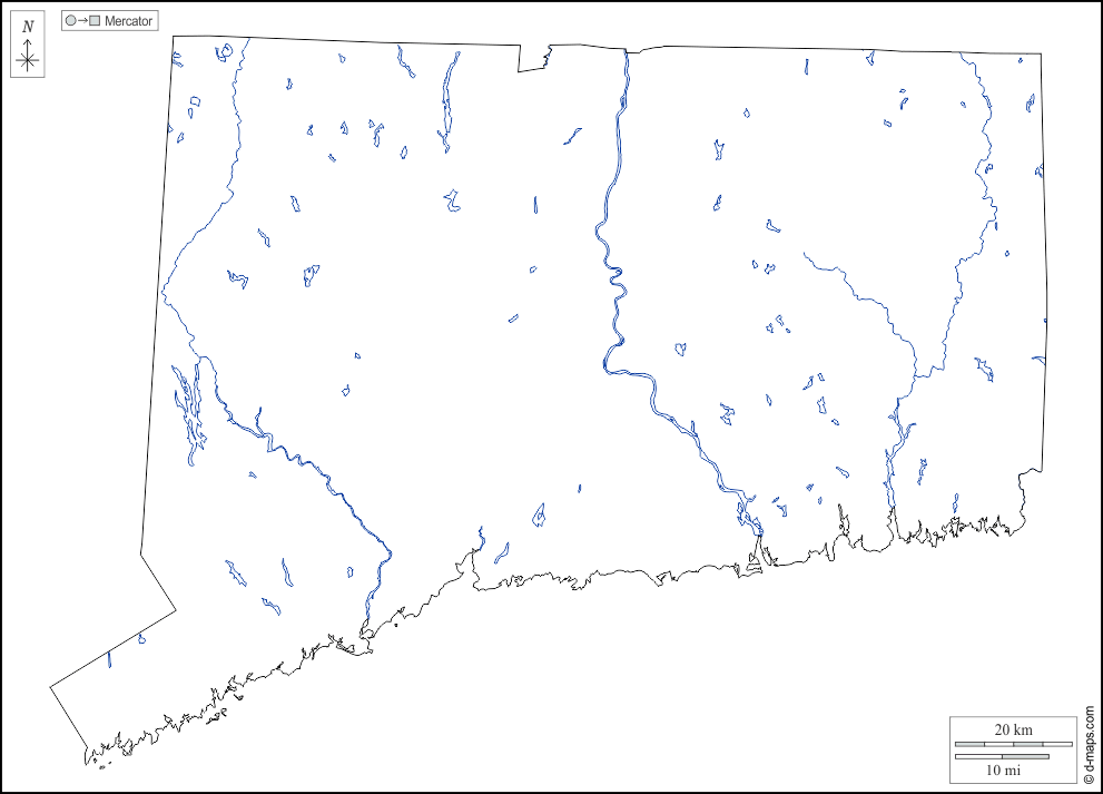 Connecticut : d-maps.com: mappa gratuita, mappa muta gratuita, cartina muta gratuita : contorni, idrografia, bianco