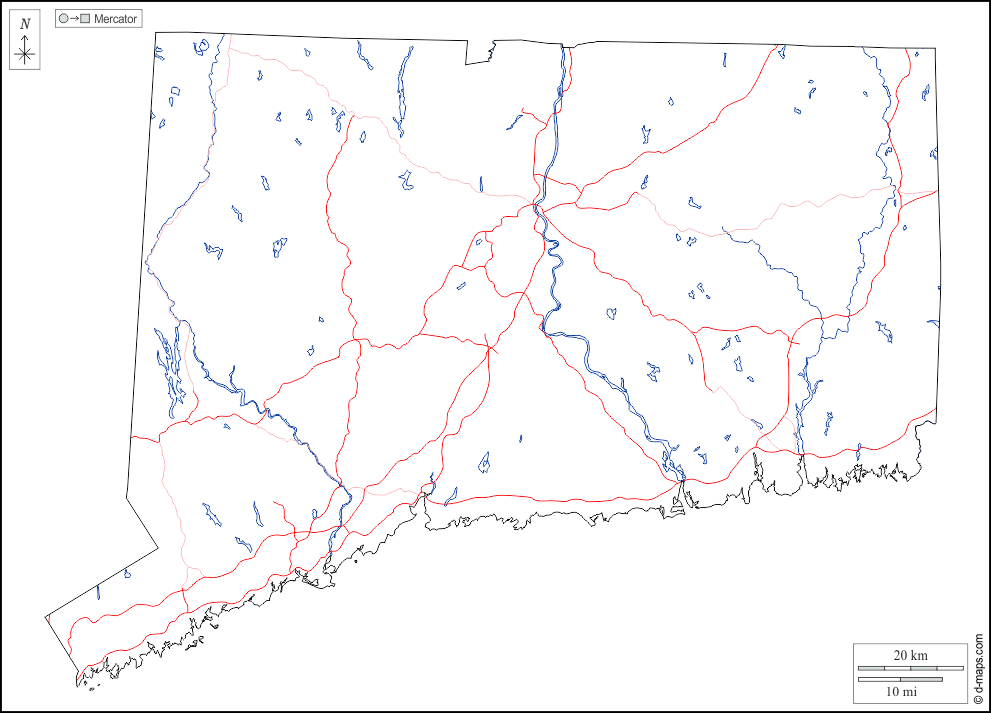 Connecticut : d-maps.com: mappa gratuita, mappa muta gratuita, cartina muta gratuita : contorni, idrografia, strade, bianco