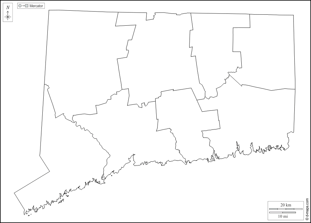 Connecticut : d-maps.com: mappa gratuita, mappa muta gratuita, cartina muta gratuita : contorni, contee, bianco