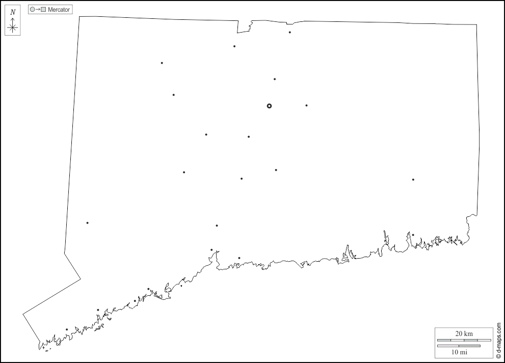 Connecticut : d-maps.com: mappa gratuita, mappa muta gratuita, cartina muta gratuita : contorni, principali città, bianco
