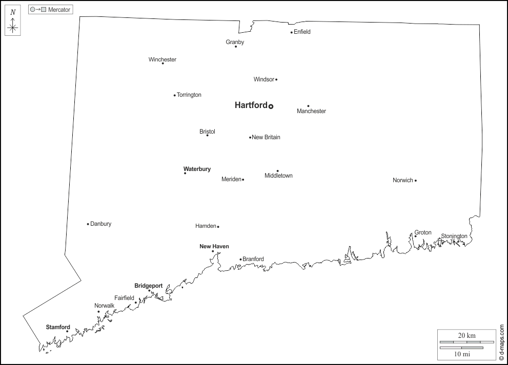 Connecticut : d-maps.com: mappa gratuita, mappa muta gratuita, cartina muta gratuita : contorni, principali città, nomi, bianco