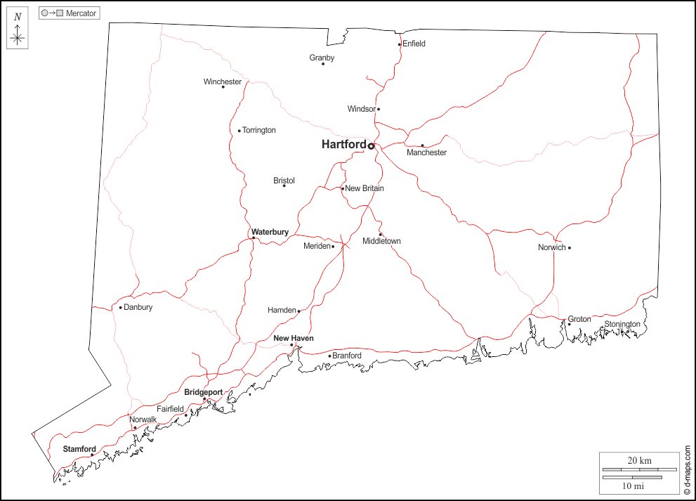 Connecticut : d-maps.com: mappa gratuita, mappa muta gratuita, cartina muta gratuita : contorni, principali città, strade, nomi, bianco