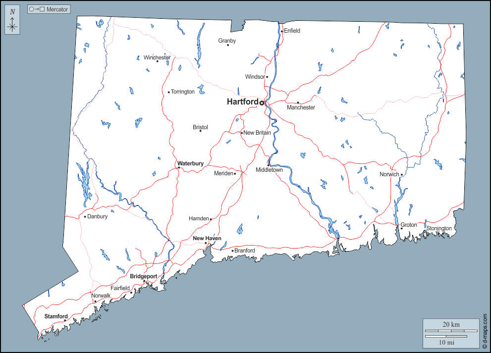 Connecticut : d-maps.com: mappa gratuita, mappa muta gratuita, cartina muta gratuita : contorni, idrografia, principali città, strade, nomi