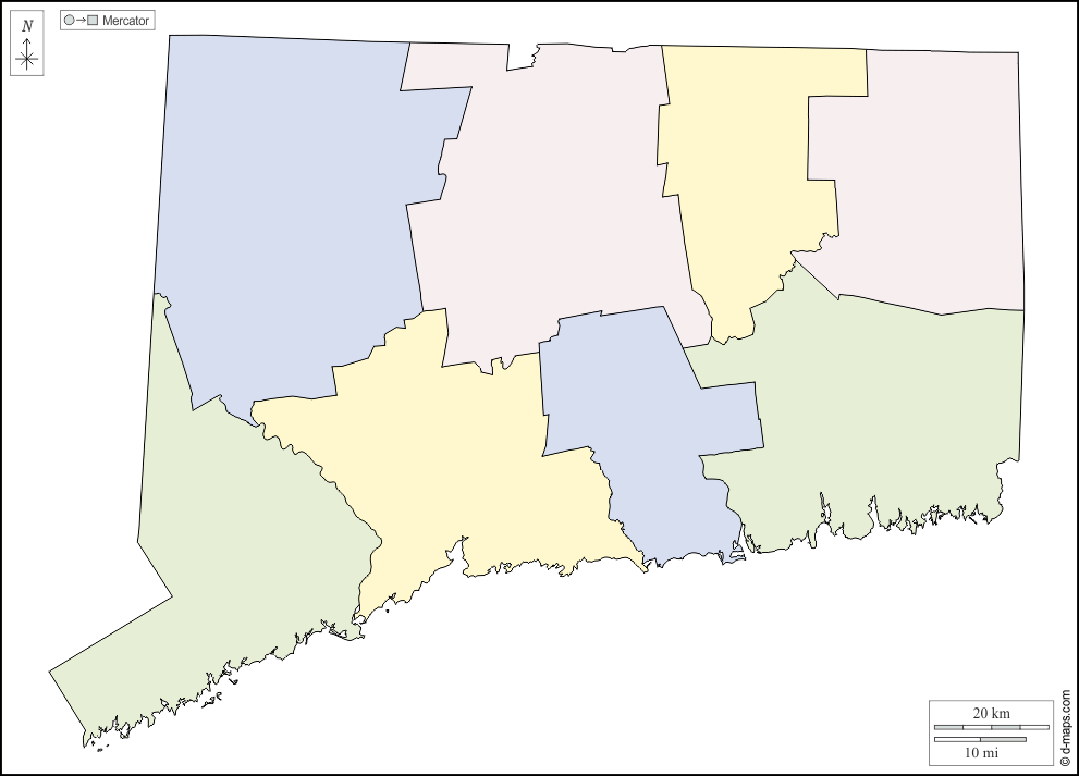 Connecticut : d-maps.com: mappa gratuita, mappa muta gratuita, cartina muta gratuita : contorni, contee, colore, bianco