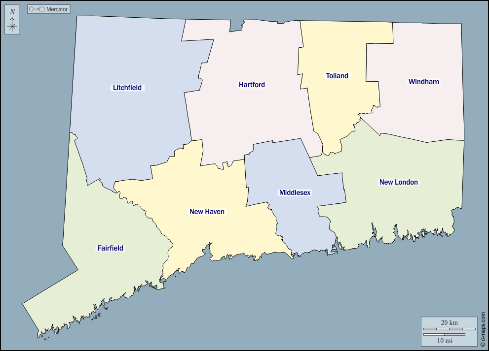 Connecticut : d-maps.com: mappa gratuita, mappa muta gratuita, cartina muta gratuita : contorni, contee, nomi, colore