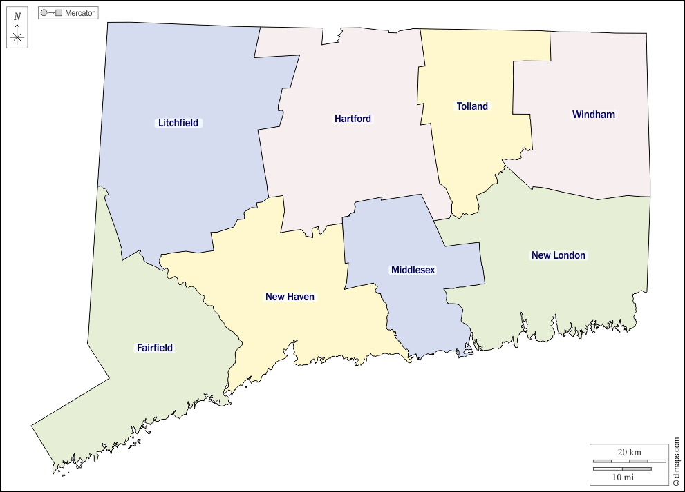 Connecticut : d-maps.com: mappa gratuita, mappa muta gratuita, cartina muta gratuita : contorni, contee, nomi, colore, bianco