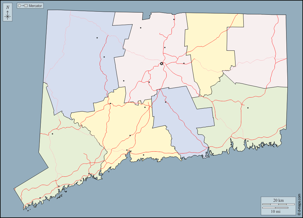 Connecticut : d-maps.com: mappa gratuita, mappa muta gratuita, cartina muta gratuita : contorni, contee, principali città, strade, colore