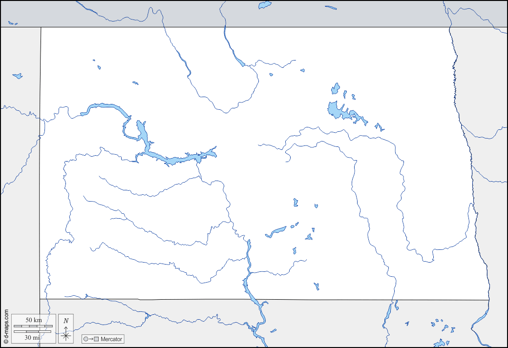 Dakota del Nord : d-maps.com: mappa gratuita, mappa muta gratuita, cartina muta gratuita : frontiere, idrografia