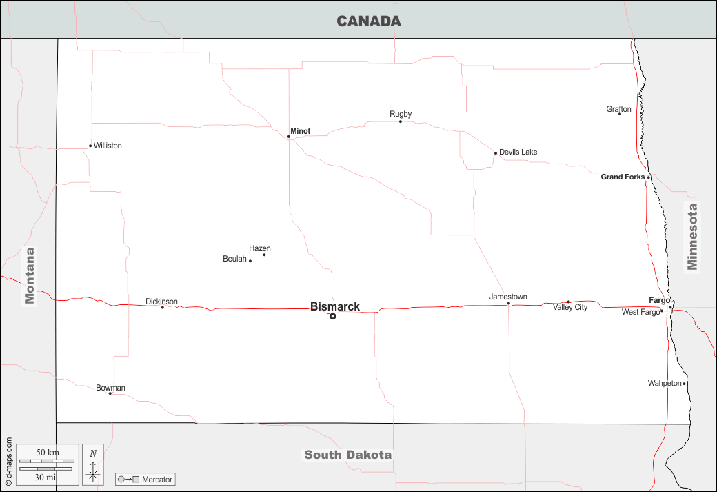 Dakota del Nord : d-maps.com: mappa gratuita, mappa muta gratuita, cartina muta gratuita : frontiere, principali città, strade, nomi