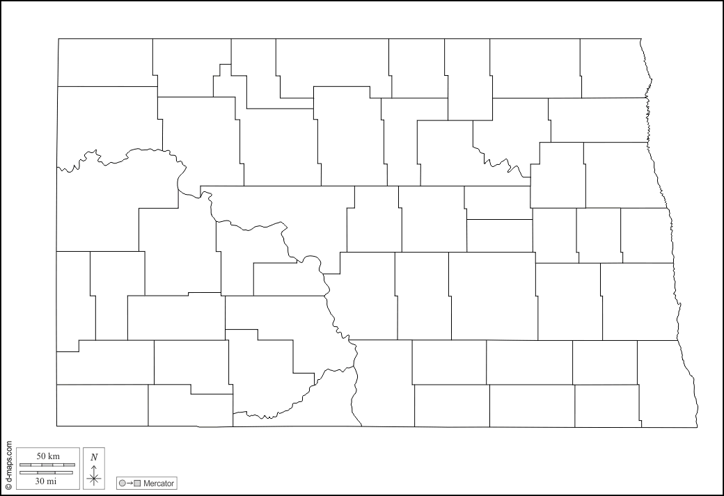 Dakota del Nord : d-maps.com: mappa gratuita, mappa muta gratuita, cartina muta gratuita : contorni, contee, bianco