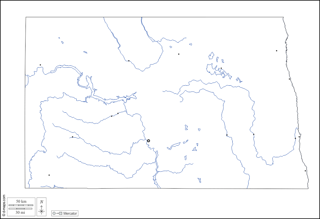 Dakota del Nord : d-maps.com: mappa gratuita, mappa muta gratuita, cartina muta gratuita : contorni, idrografia, principali città, bianco
