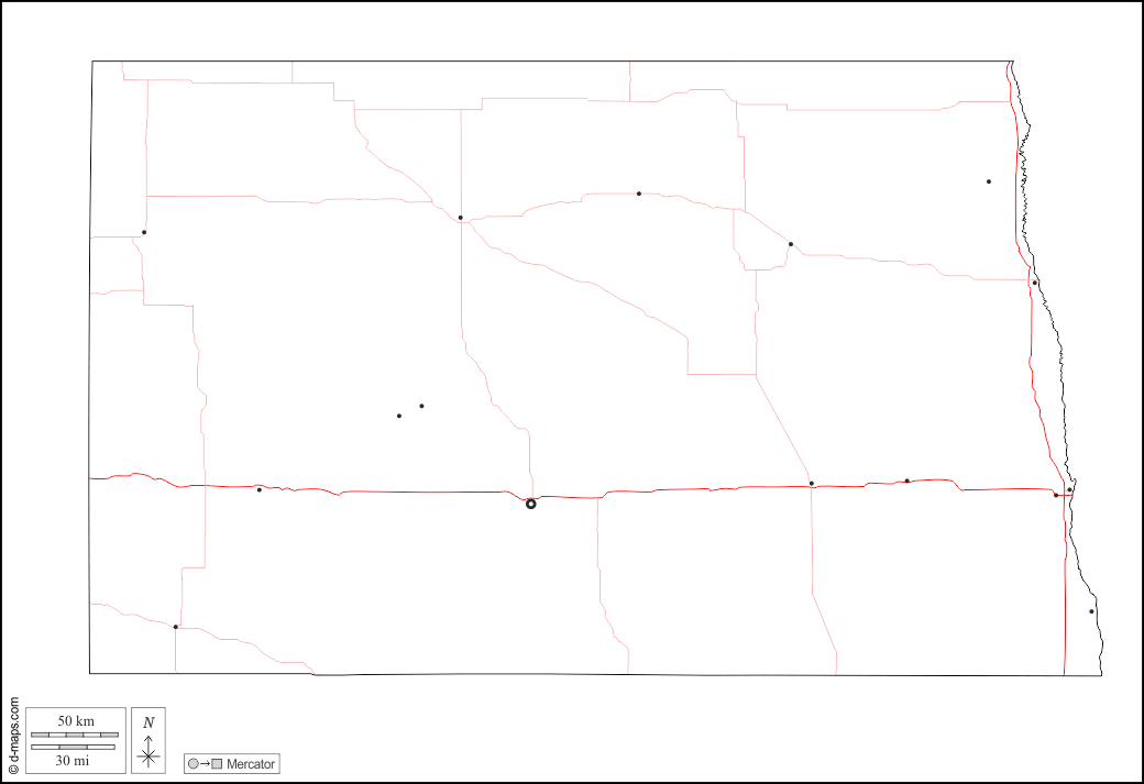 Dakota del Nord : d-maps.com: mappa gratuita, mappa muta gratuita, cartina muta gratuita : contorni, principali città, strade, bianco
